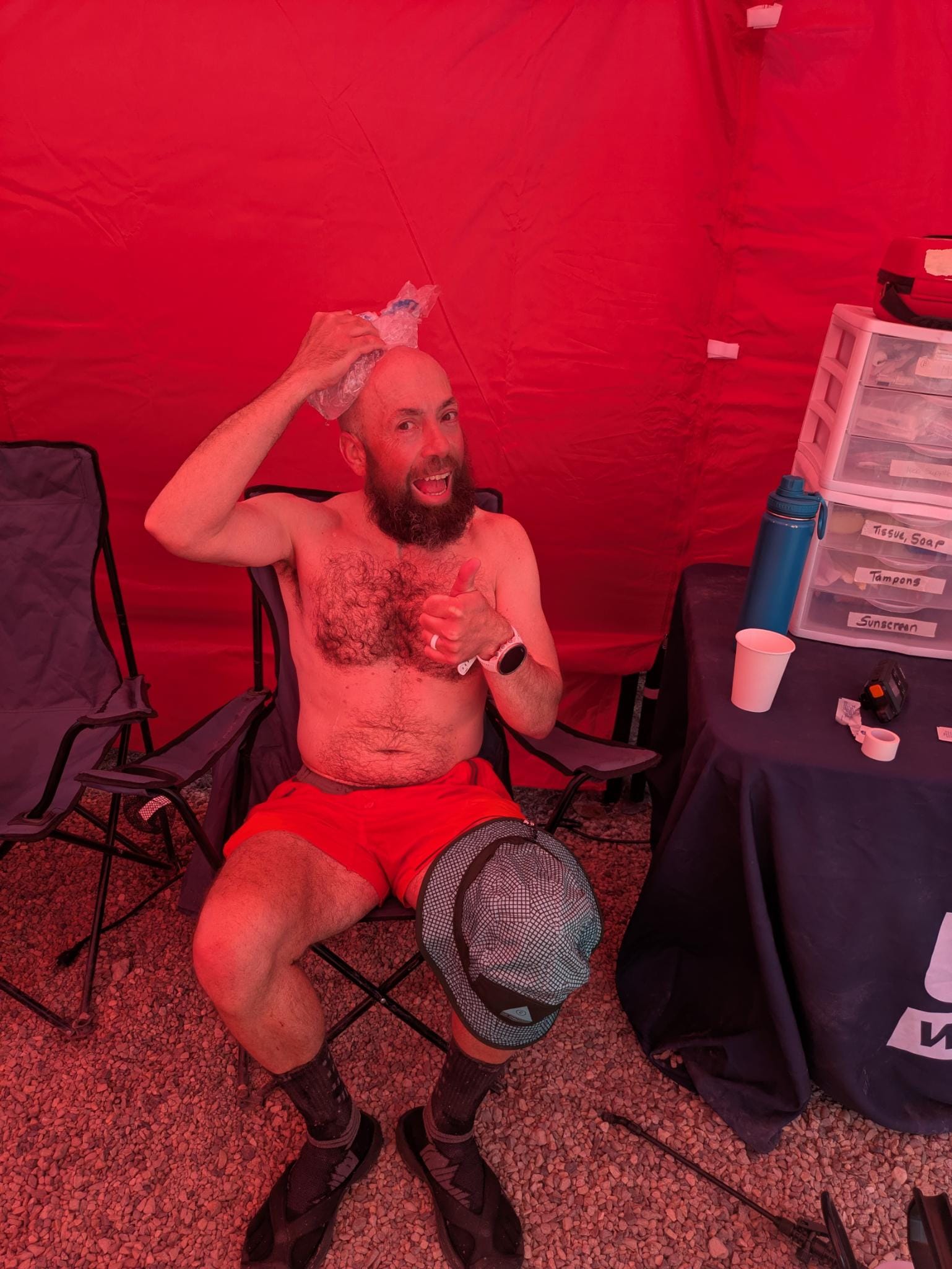Picture of me in the med tent w/an ice pack on my head, giving a thumbs up w/a dumb expression