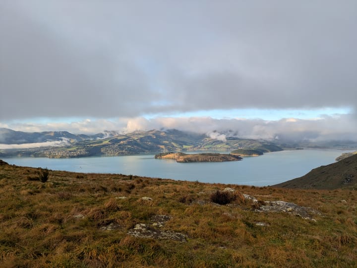Banks Peninsulat in the distance from Crater Rim road on top of the Port Hills